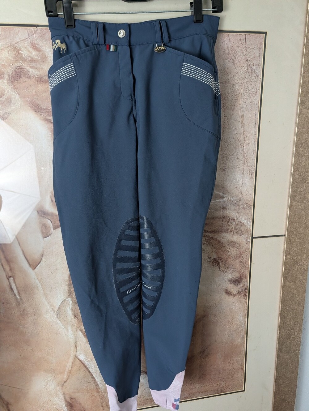 Equine Couture Let's Ride Knee Patch Breeches - Slate Blue, Gutos Closure, Sz 26